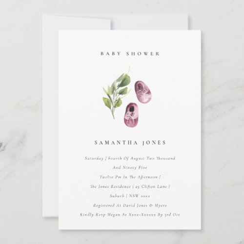 Cute Pink Shoes Foliage Girl Baby Shower Invite