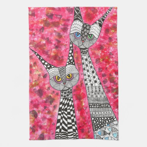 Cute Pink Siamese Cat Illustration Kitchen Towel