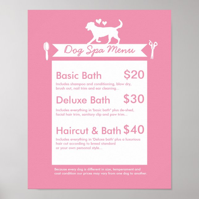 Cute Pink Silhouette Dog Grooming Salon Menu Poster (Front)