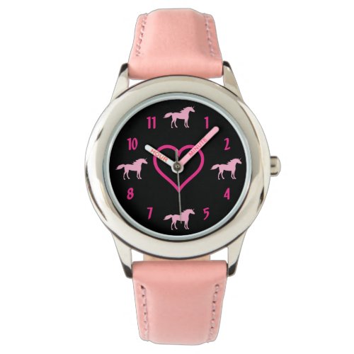 Cute Pink Silhouette Unicorns and Heart on Black Watch