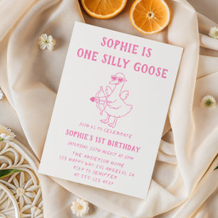 Cute Pink Silly Goose 1st Birthday Invitation