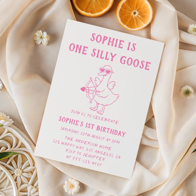 Cute Pink Silly Goose 1st Birthday Invitation (Creator Uploaded)