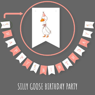 Cute Pink Silly Goose Happy Birthday Bunting Flags
