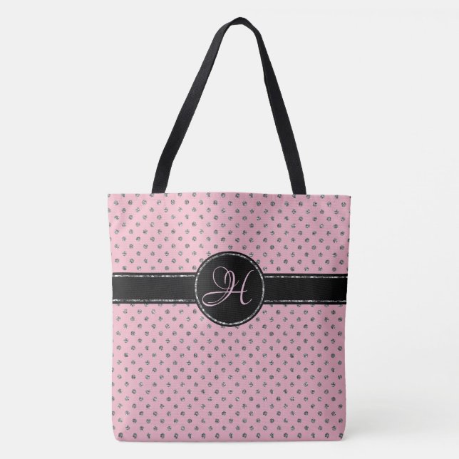 Cute Pink Silver Glitter Polka Dot Monogram Large Tote Bag (Front)