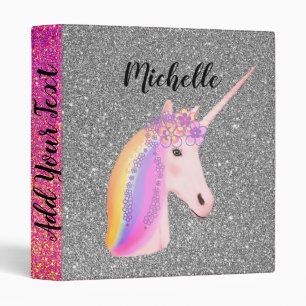Cute Pink Silver Glitter Unicorn Personalized  3 Ring Binder