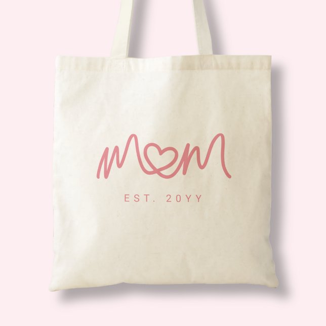 Cute Pink Simple Script Heart Mom Established Est Tote Bag (Cute Pink Simple Script Heart Mom Established Est Tote Bag)