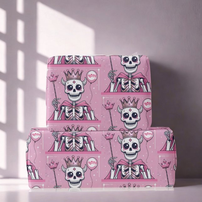 Cute Pink Skeleton Princess Halloween Wrapping Paper (Creator Uploaded)