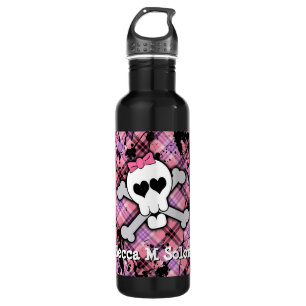 Cute Pink Skull and Crossbones Heart Water Bottle