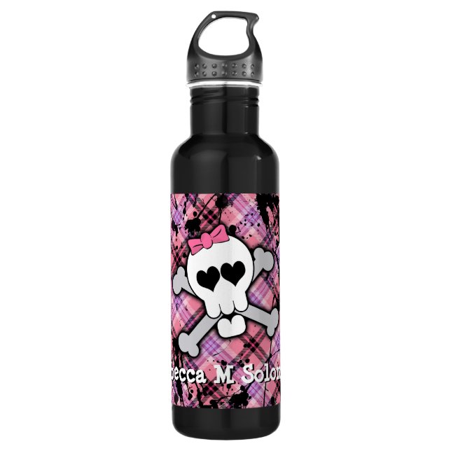 Cute Pink Skull and Crossbones Heart Water Bottle (Front)