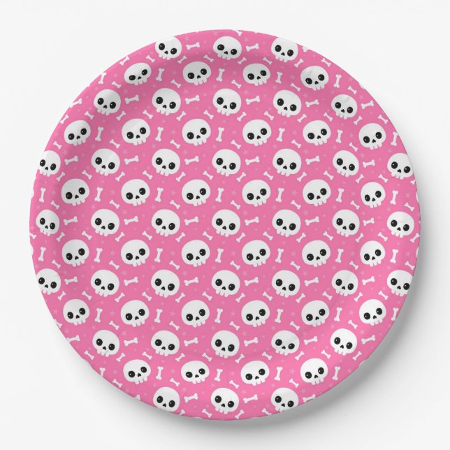 Cute Pink Skull & Bones Halloween Pattern Paper Plates (Front)