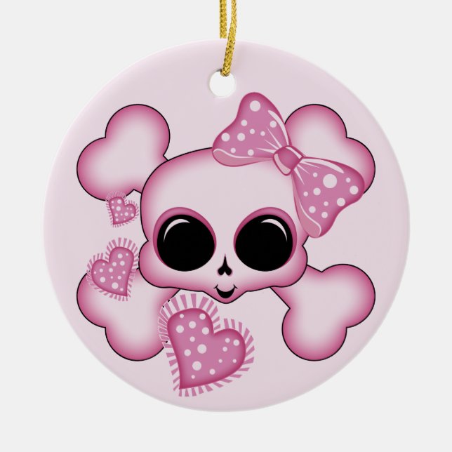 Cute Pink Skull Ceramic Ornament (Front)