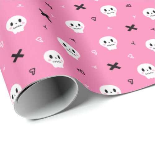 Cute Pink Skull Halloween Pattern Wrapping Paper