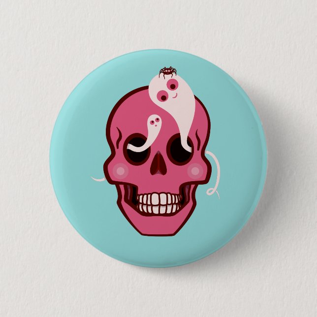 Cute Pink Skull With Spider And Ghosts In Eyes Button (Front)