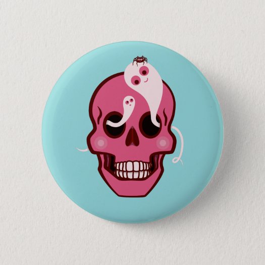 Cute Pink Skull With Spider And Ghosts In Eyes Button