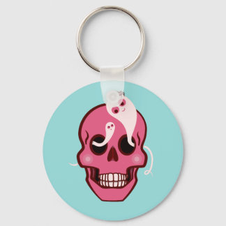 Cute Pink Skull With Spider And Ghosts In Eyes Keychain