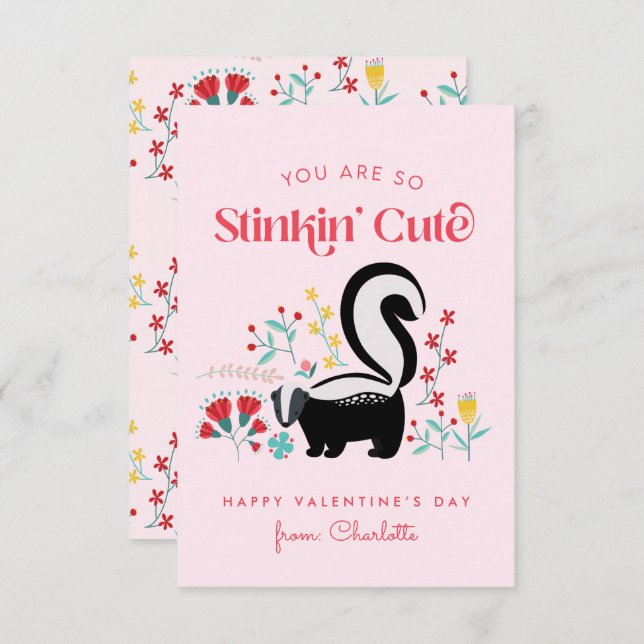 Cute Pink Skunk Classroom Valentine Note Card (Front/Back)