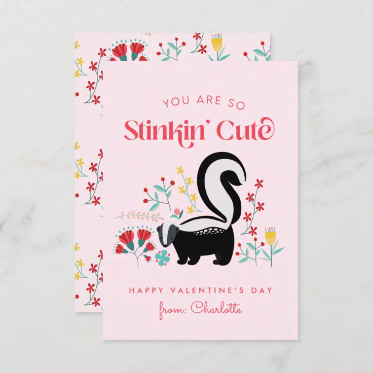 Cute Pink Skunk Classroom Valentine Note Card