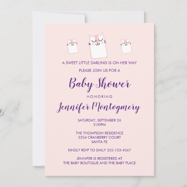 Cute Pink Sleeping Kitty Cat Baby Shower Party Invitation (Front)