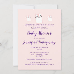 Cute Pink Sleeping Kitty Cat Baby Shower Party Invitation