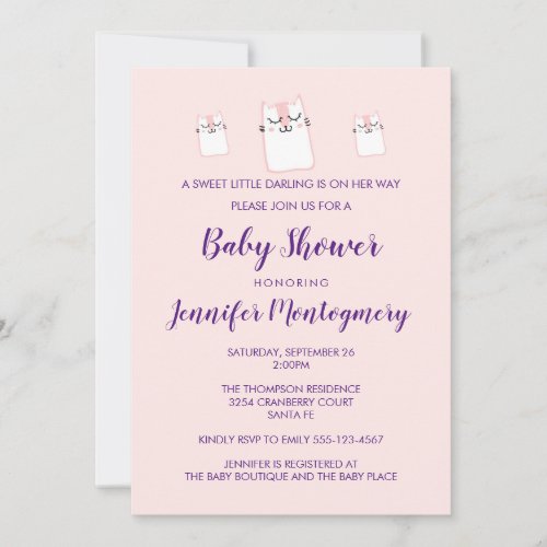 Cute Pink Sleeping Kitty Cat Baby Shower Party Invitation