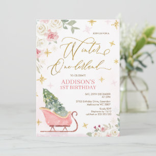 Cute Pink Sleigh Winter Onederland 1st Birthday Invitation