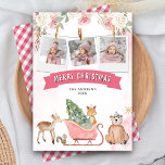 Cute Pink Sleigh Woodland Animals Photo Christmas Holiday Card<br><div class="desc">Amaze your guests with this elegant woodland theme christmas featuring cute baby animals and modern typography. Simply add your text on this easy-to-use template and adorn this card with your favorite photos to make it a one-of-a-kind holiday card.</div>