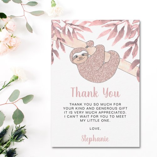 Cute Pink Sloth Baby Shower  Thank You Card