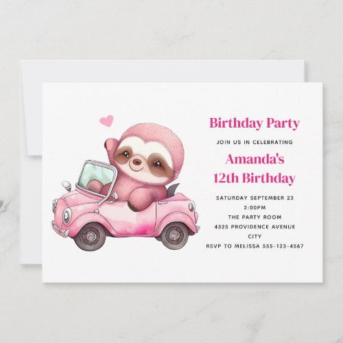 Cute Pink Sloth Driving a Car Birthday Invitation
