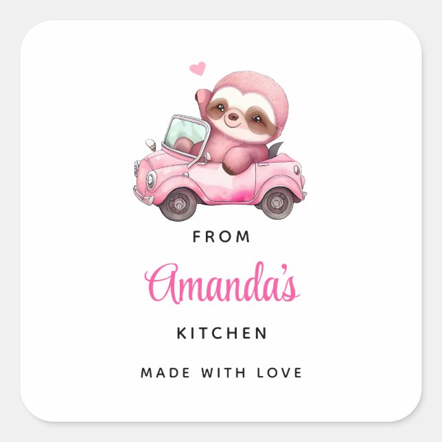Cute Pink Sloth Driving a Car Kitchen Square Sticker (Front)
