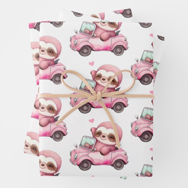 Cute Pink Sloth Driving a Car Pattern Wrapping Paper Sheets (In situ)