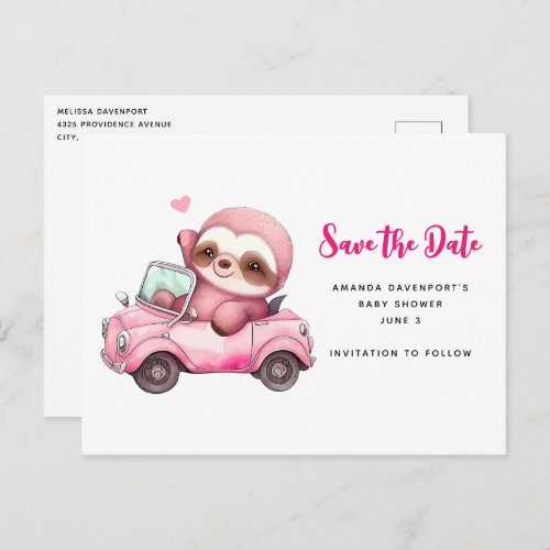 Cute Pink Sloth Driving a Car Save the Date Invitation Postcard
