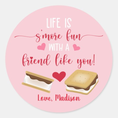 Cute Pink Smore Fun With A Friend Valentines Day Classic Round Sticker