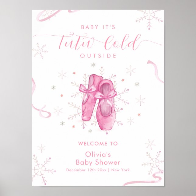 Cute Pink Snowflake Ballerina Baby Shower Welcome  Poster (Front)