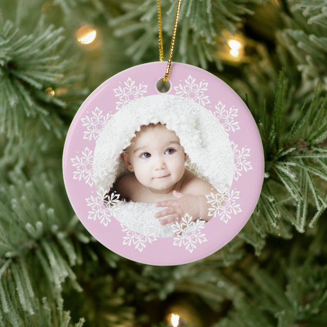 Cute Pink Snowflake Frame Girl Photo Christmas Ceramic Ornament (Tree)