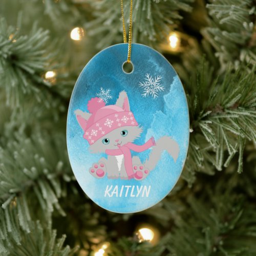 Cute Pink Snowflake Kitten Ceramic Ornament