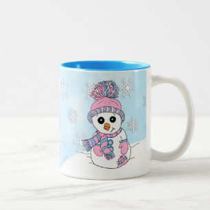 Cute pink snowman Christmas Holidays Two-Tone Coffee Mug