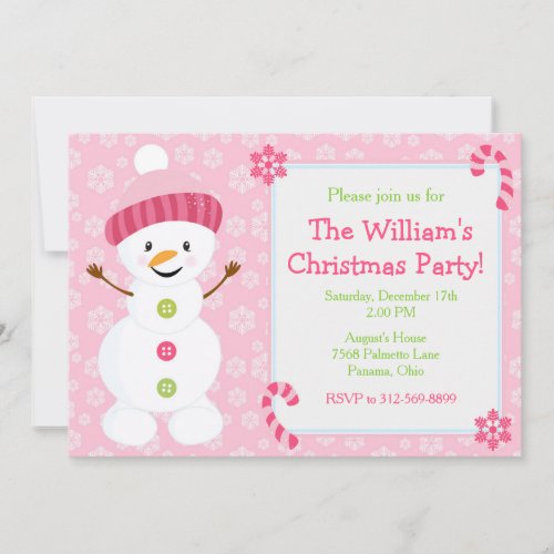 Cute Pink Snowman Christmas Party Invitation