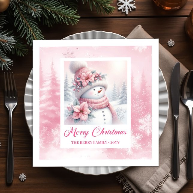 Cute Pink Snowman Christmas Scene Kids Holiday  Napkins (Cute Pink Snowman Christmas Scene Kids Holiday Christmas Napkins

)