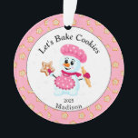 Cute Pink Snowman Cookie Baker Name Christmas Ornament<br><div class="desc">Pink and White Snowman Baker Ornament for kids and adults. The perfect ornament to grandma to give to her favorite cookie baker. Sprinkled cookie background with the words "Let's bake cookies", which can be changed if you like. It is a perfect personalized gift for the family or friends who love...</div>