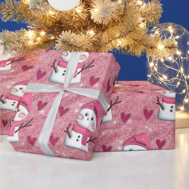 Cute Pink Snowman hearts Personalized Name  Wrapping Paper (Holidays)