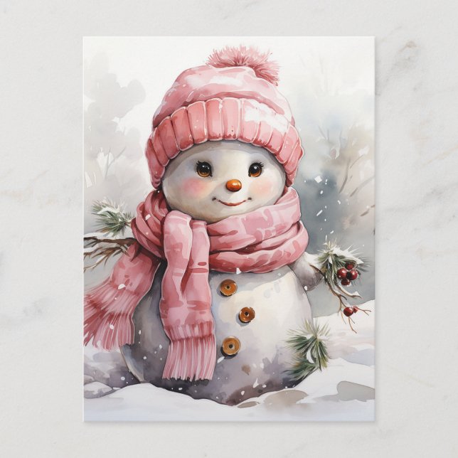 Cute pink Snowman Holiday Postcard (Front)