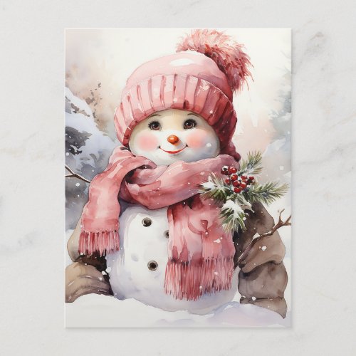 Cute pink Snowman Holiday Postcard