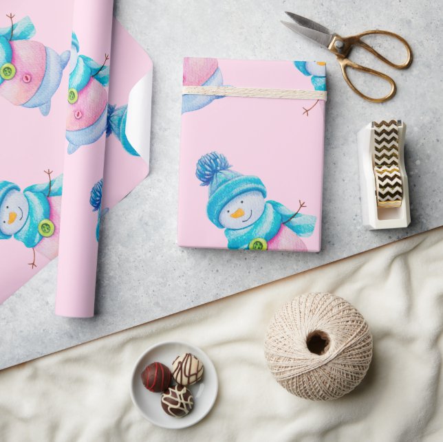 Cute Pink Snowman Kids Christmas Wrapping Paper (Crafts)
