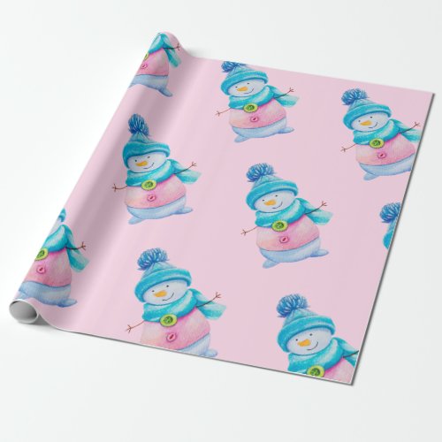 Cute Pink Snowman Kids Christmas Wrapping Paper