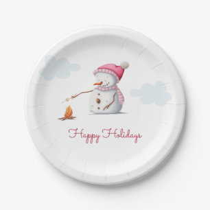 Cute Pink Snowman Marshmallow Happy Holidays Paper Plates