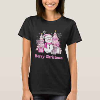 Cute Pink Snowman Merry Christmas Holiday T-Shirt