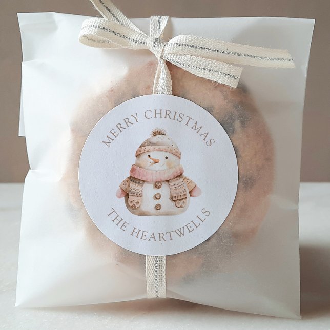 Cute Pink Snowman Personalized Merry Christmas Classic Round Sticker (Creator Uploaded)