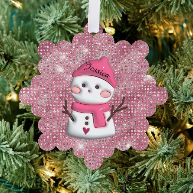 Cute Pink Snowman Personalized Name Ornament Card (Insitu (Tree))