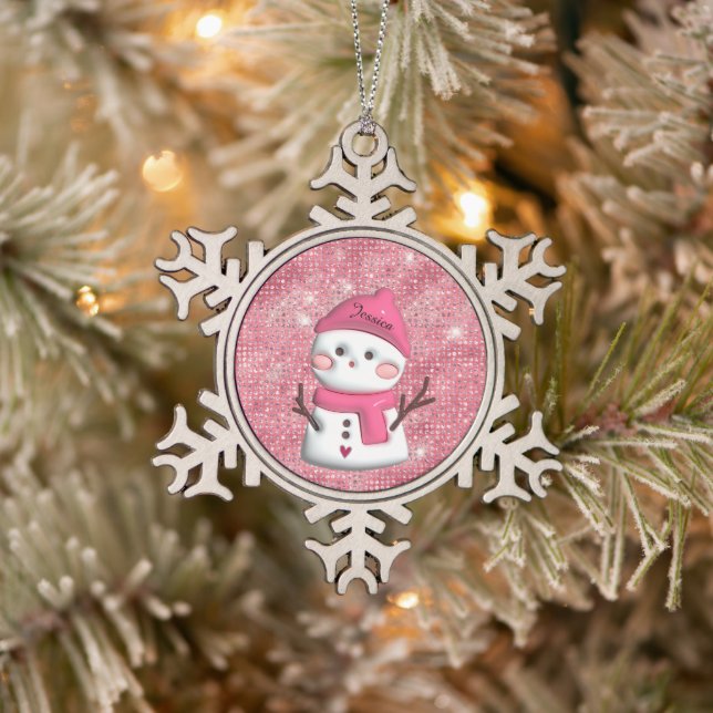 Cute Pink Snowman Personalized Name Snowflake Pewter Christmas Ornament (Tree)