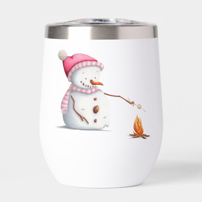 Cute Pink Snowman  Thermal Wine Tumbler (Front)